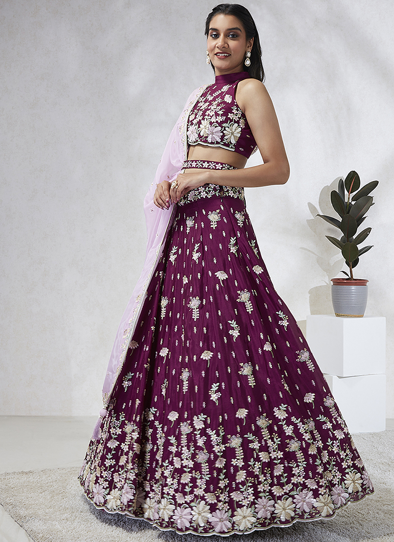 Buy Poly Georgette Burgundy Wedding Wear Sequinned Lehenga Choli Online buy-poly-georgette-burgundy-wedding-wear-sequinned-lehenga-choli-online